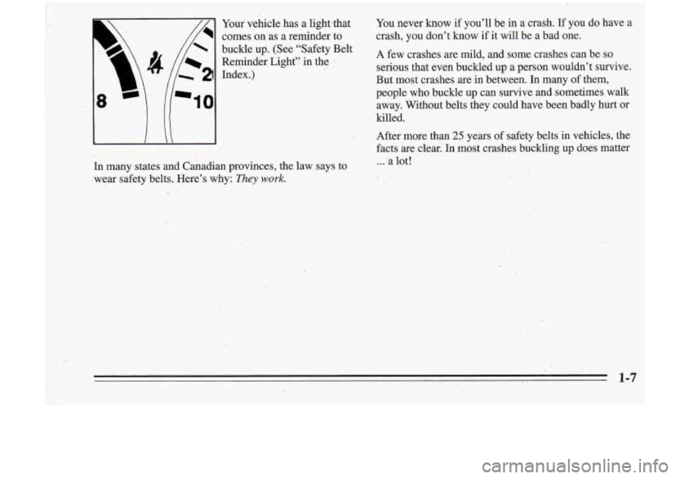 Oldsmobile Cutlass Supreme 1995  s User Guide Your vehicle  has  a  light-that 
comes  on  as ,a reminder  to 
buckle  up. (See  “Safety  Belt 
Reminder Light” in  the 
Index.) 
In many  states  and  Canadian provinces,  the law  says  to 
we