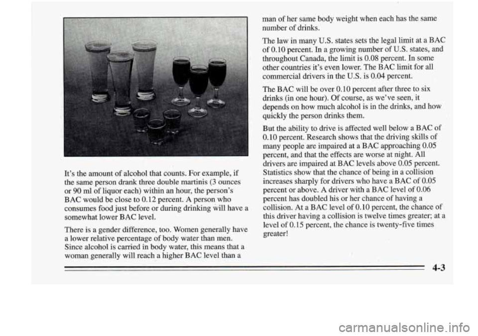Oldsmobile Cutlass Supreme 1995 Owners Manuals It’s the amount of alcohol that counts. For exmple, if
the same person
&ads three double martinis (3 ounce$
or
90 ml of liquor each) within an hour, the person’s
BAC would be close Oldsmobile Cutlass Supreme 1995 Owners Manuals It’s the amount of alcohol that counts. For exmple, if
the same person
&ads three double martinis (3 ounce$
or
90 ml of liquor each) within an hour, the person’s
BAC would be close