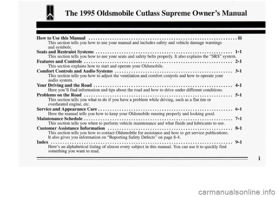 Oldsmobile Cutlass Supreme 1995  Owners Manuals I The 1995 Oldsmobile  Cutlass  Supreme!  Owner’s  Manual 
... How to  Use  this  Manual ..................................... :.. ........................ .~II 
This  section  tells  you  how  to  