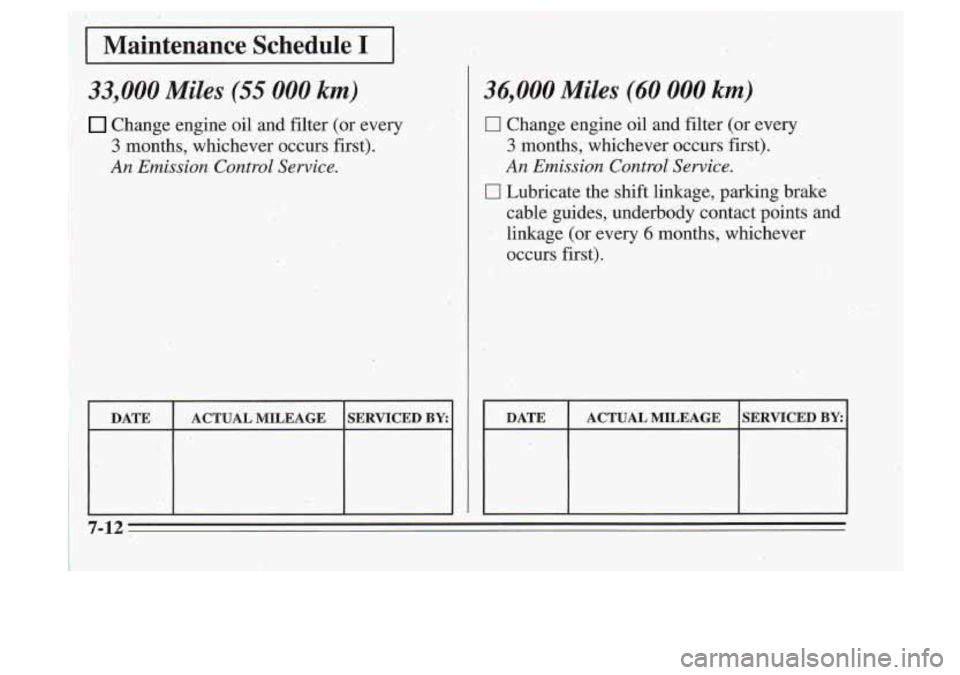 Oldsmobile Cutlass Supreme 1995 Owners Manuals ,‘Maintenance Schedule I ..
33,000, Miles (55 000 ,km)
’ Change engine oil’and filter (QT every
3 months, whichever occurs first).
An Emission, Control Sewice.
DATE ACTUAL MILEAGE SERV Oldsmobile Cutlass Supreme 1995 Owners Manuals ,‘Maintenance Schedule I ..
33,000, Miles (55 000 ,km)
’ Change engine oil’and filter (QT every
3 months, whichever occurs first).
An Emission, Control Sewice.
DATE ACTUAL MILEAGE SERV
