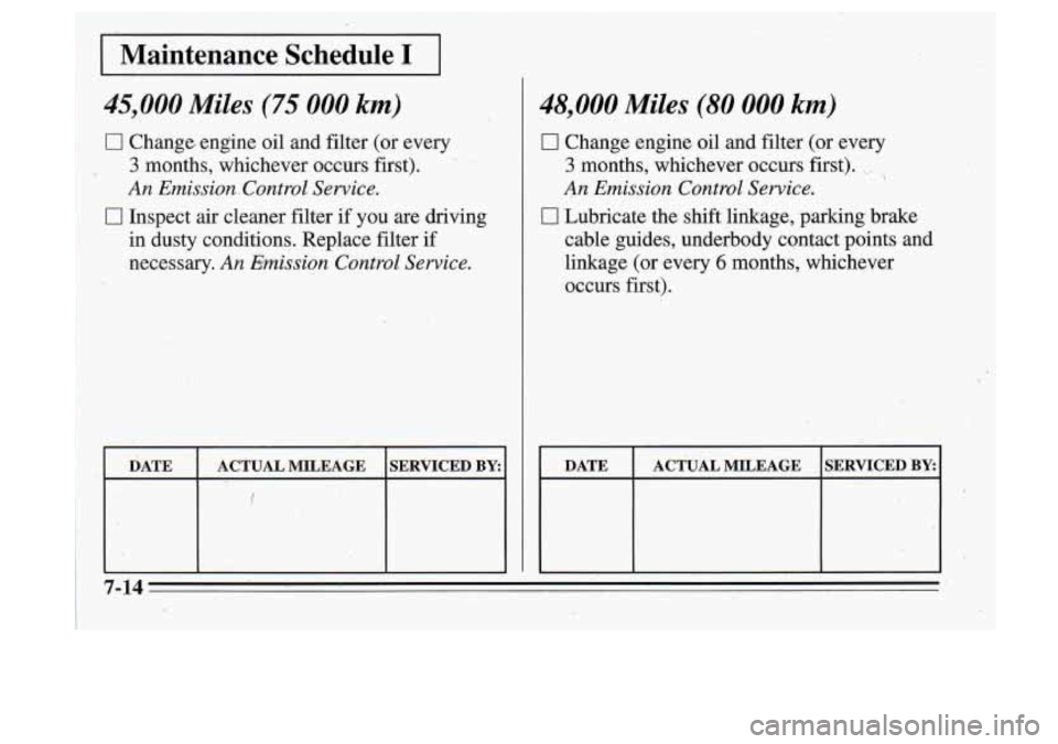 Oldsmobile Cutlass Supreme 1995 Owners Manuals I
48,000 Miles (80 000 km)
I DATE ACTUAL MILEAGE SERVICED BY:
0 Change engine oil and filter (or every
3 months, whichever occurs first). ~,. ,
An Emission Control Service.
0 Lubricate Oldsmobile Cutlass Supreme 1995 Owners Manuals I
48,000 Miles (80 000 km)
I DATE ACTUAL MILEAGE SERVICED BY:
0 Change engine oil and filter (or every
3 months, whichever occurs first). ~,. ,
An Emission Control Service.
0 Lubricate