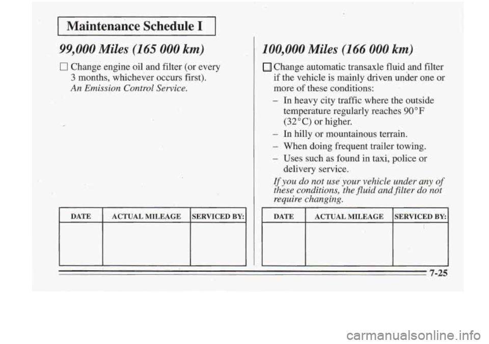 Oldsmobile Cutlass Supreme 1995 Owners Manuals I Maintenance Schedule I 1
99,000 Miles (145 000 km)
0 Change engine oil and filter- (or every
3 months, whichever occurs first).
An Emission Control Sewice.
DATE
SERVICED BY: ACTUAL MIL Oldsmobile Cutlass Supreme 1995 Owners Manuals I Maintenance Schedule I 1
99,000 Miles (145 000 km)
0 Change engine oil and filter- (or every
3 months, whichever occurs first).
An Emission Control Sewice.
DATE
SERVICED BY: ACTUAL MIL