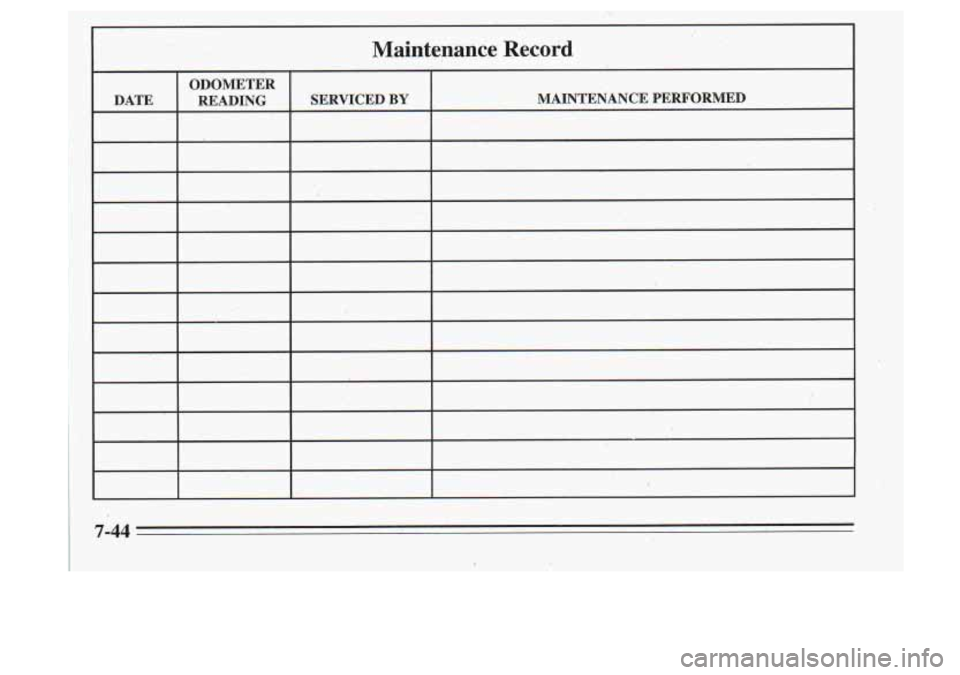 Oldsmobile Cutlass Supreme 1995 Owners Manuals DATE
Maintenance Record
ODOMETER READING SERVICED
BY - MAINTENANCE PERFORMED
7-44 Oldsmobile Cutlass Supreme 1995 Owners Manuals DATE
Maintenance Record
ODOMETER READING SERVICED
BY - MAINTENANCE PERFORMED
7-44