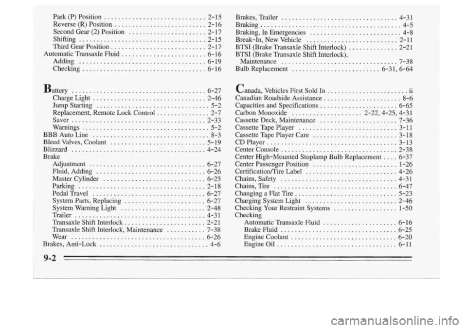 Oldsmobile Cutlass Supreme 1995 Owners Manuals .. Park (P) Position ........ .................... 2- 15 Brakes. Trailer ................................. 4-31
Reverse(R). Position
.......................... 2-16 Braking .................. Oldsmobile Cutlass Supreme 1995 Owners Manuals .. Park (P) Position ........ .................... 2- 15 Brakes. Trailer ................................. 4-31
Reverse(R). Position
.......................... 2-16 Braking ..................