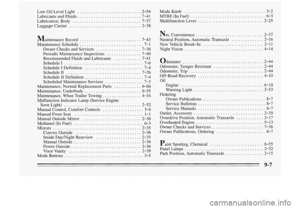 Oldsmobile Cutlass Supreme 1995  Owners Manuals Low Oil Level  Light ............................. 2-54  Mode Knob .................................... 3-2 
Lubricants  and  Fluids 
............................ 7-41  MTBE (In Fuel) ................