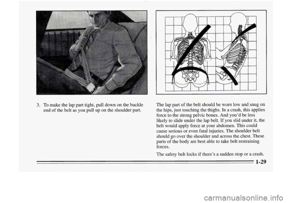Oldsmobile Cutlass Supreme 1995 s Owners Guide , .
3. To make the lap part tight, pull down on the buckle
end
of the belt as you pull up on the shoulder part. The lap
part of the belt should be worn low and snug on
the hips, Oldsmobile Cutlass Supreme 1995 s Owners Guide , .
3. To make the lap part tight, pull down on the buckle
end
of the belt as you pull up on the shoulder part. The lap
part of the belt should be worn low and snug on
the hips,