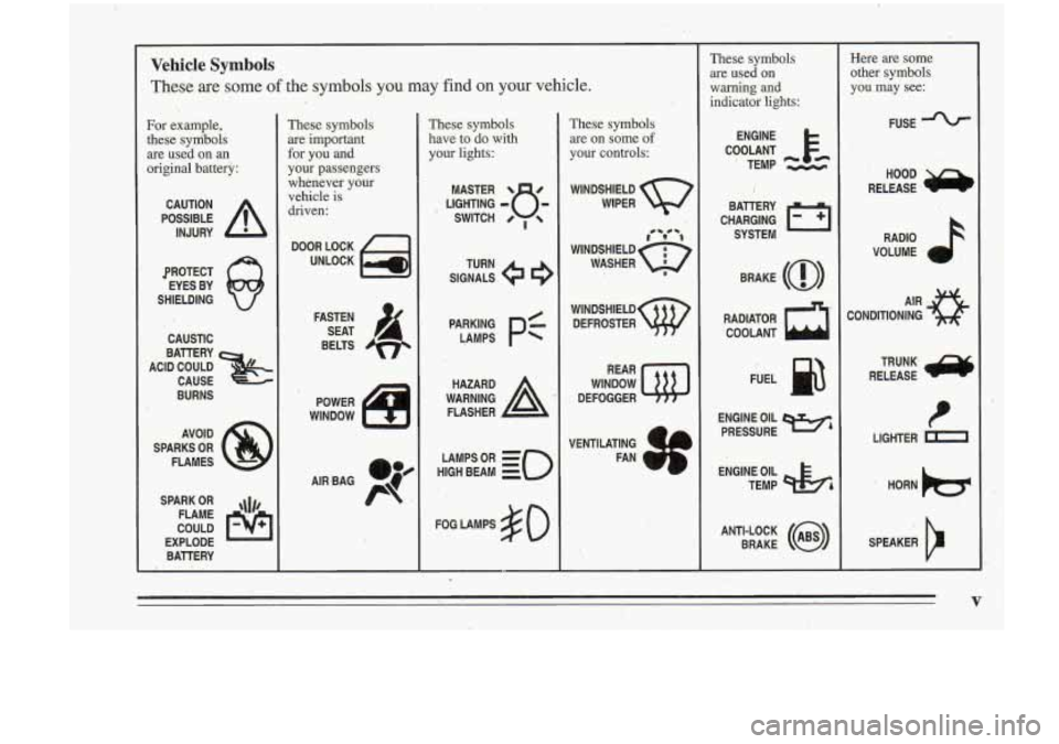 Oldsmobile Cutlass Supreme 1995  Owners Manuals Vehicle  Symbols 
These are some of the symbols you may  find on your  vehicle. 
3. 
For  example, 
these  sym%ols 
are  used  on  an 
original  battery: 
POSSIBLE A 
CAUTION 
INJURY 
PROTECT  EYES  B