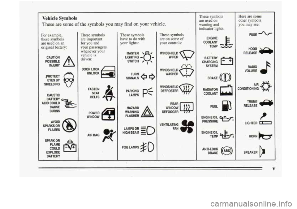 Oldsmobile Cutlass Supreme 1995 Owners Manuals Vehicle Symbols
These are some of the symbols you may find on your vehicle.
3.
For example,
these sym%ols
are used on an
original battery:
POSSIBLE A
CAUTION
INJURY
PROTECT EYES B Oldsmobile Cutlass Supreme 1995 Owners Manuals Vehicle Symbols
These are some of the symbols you may find on your vehicle.
3.
For example,
these sym%ols
are used on an
original battery:
POSSIBLE A
CAUTION
INJURY
PROTECT EYES B