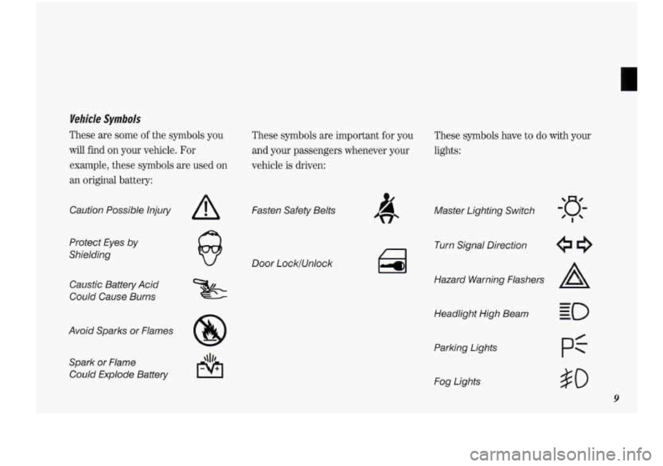 Oldsmobile Cutlass Supreme 1994 Owners Manuals Wehicle Symbols
These are some of the symbols you
will find on your vehicle. For
example, these symbols are used
on
an original battery:
Caution Possible Injury
Protect Eyes
by Oldsmobile Cutlass Supreme 1994 Owners Manuals Wehicle Symbols
These are some of the symbols you
will find on your vehicle. For
example, these symbols are used
on
an original battery:
Caution Possible Injury
Protect Eyes
by