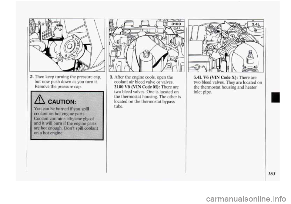 Oldsmobile Cutlass Supreme 1994  Owners Manuals 2. Then keep turning  the  pressure cap, 
but  now  push  down  as you  turn  it. 
Remove  the pressure cap. 3. After  the engine  cools, open the 
coolant air  bleed  valve  or valves. 
3100 V6 (VIN 
