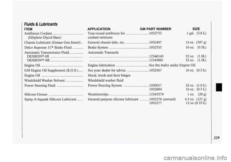 Oldsmobile Cutlass Supreme 1994  s User Guide FIuids & Lubricants 
ITEM 
Antifreeze Coolant ................................... 
Chassis Lubricant  (Grease Gun Insert) .. 
(Ethylene  Glycol  Base) 
Delco  Supreme 
11s Brake  Fluid ............ 
A