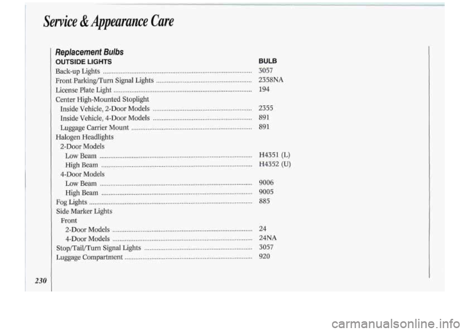 Oldsmobile Cutlass Supreme 1994  Owners Manuals Service & Appearance  Care 
Replacement Bulbs 
OUTSIDE LIGHTS 
Back-up  Lights ........................................................................\
............ 
Front Parking/Turn Signal  Lights