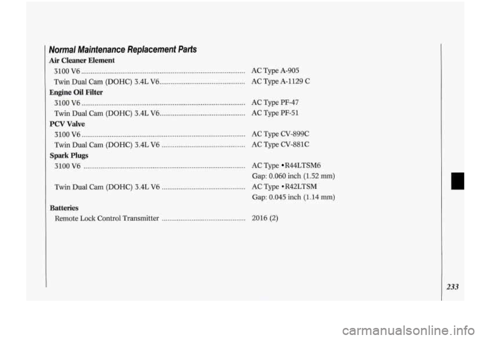 Oldsmobile Cutlass Supreme 1994  Owners Manuals Normal -Maintenance  Replacement  Parts 
Air Cleaner  Element 
3100 V6 ........................................................................\
................ AC  Type  A-905 
Twin  Dual Cam (DOHC)