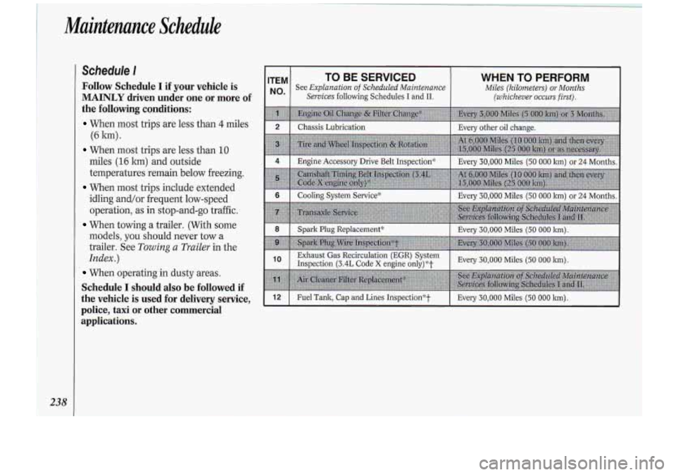 Oldsmobile Cutlass Supreme 1994 Owners Manuals Maintenance Schedule
238
Schedule l
Follow Schedule I if your vehicle is
MAINLY driven under one or more of
the following conditions:
When most trips are less than 4 miles
When m Oldsmobile Cutlass Supreme 1994 Owners Manuals Maintenance Schedule
238
Schedule l
Follow Schedule I if your vehicle is
MAINLY driven under one or more of
the following conditions:
When most trips are less than 4 miles
When m