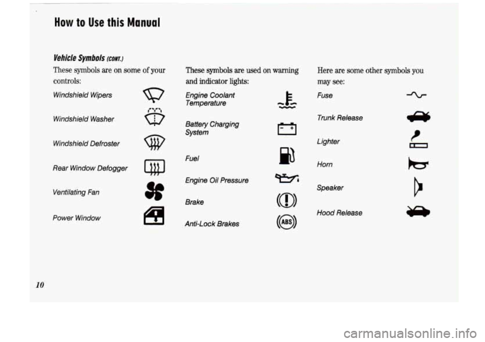 Oldsmobile Cutlass Supreme 1993  Owners Manuals 1 
How to Use this Manual 
I 
Wehicle Symbols (CONTJ 
These symbols are on some of your 
controls:  These symbols are  used  on warning 
and indicator  lights: 
Windshield  Wipers 
Engine  Coolant 
Te