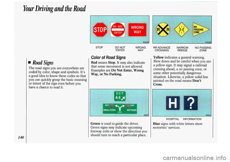 Oldsmobile Cutlass Supreme 1993  Owners Manuals Your Driving and the Road 
~ 
140 
Road Signs 
The road  signs  you  see  everywhere  are 
coded  by color,  shape  and  symbols.  Its 
a good  idea to lmow  these codes so that 
you  can quickly  gr
