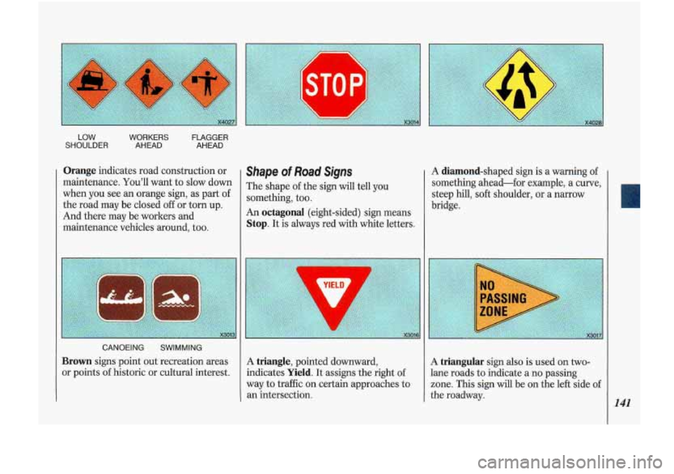 Oldsmobile Cutlass Supreme 1993  Owners Manuals LOW  WORKERS  FLAGGER 
SHOULDER  AHEAD  AHEAD 
Orange  indicates road construction  or 
maintenance.  You’ll want to slow  down 
when  you see 
an orange  sign, as part  of 
the  road  may  be  clos