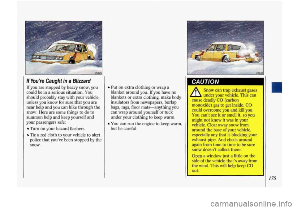 Oldsmobile Cutlass Supreme 1993  Owners Manuals If You’re Caught in a BIiuard 
If you are stopped  by  heavy  snow, you 
could  be  in 
a serious situation.  You 
should  probably  stay with  your  vehicle 
unless  you  know  for  sure  that  you