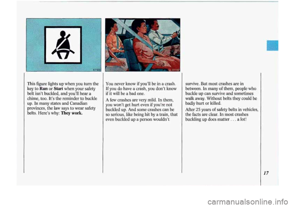 Oldsmobile Cutlass Supreme 1993  s User Guide This  figure  lights up when  you turn  the 
key  to 
Run or Start when  your  safety 
belt  isn’t  buckled, and  you’ll hear a 
chime,  too. It’s the reminder  to buckle 
up.  In  many states  