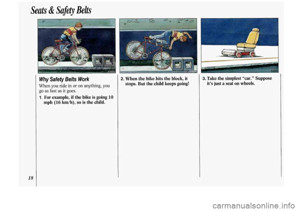 Oldsmobile Cutlass Supreme 1993  Owners Manuals Seats & Safety Beh 
18 
Why Safety Belts Work 
When you ride in or on anything, you 
go as fast  as  it goes. 
1. For example, if the  bike  is going 10 
mph (16 km/h), so is  the  child. 
2. When  th