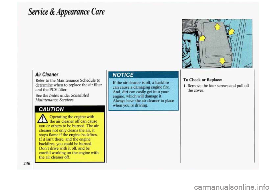 Oldsmobile Cutlass Supreme 1993  Owners Manuals Service & Appearance  Care 
Air Cleaner 
Refer to the  Maintenance  Schedule to 
determine when  to replace  the air filter 
and  the 
PCV filter. 
See  the 
Index under Scheduled 
Maintenance  Servic