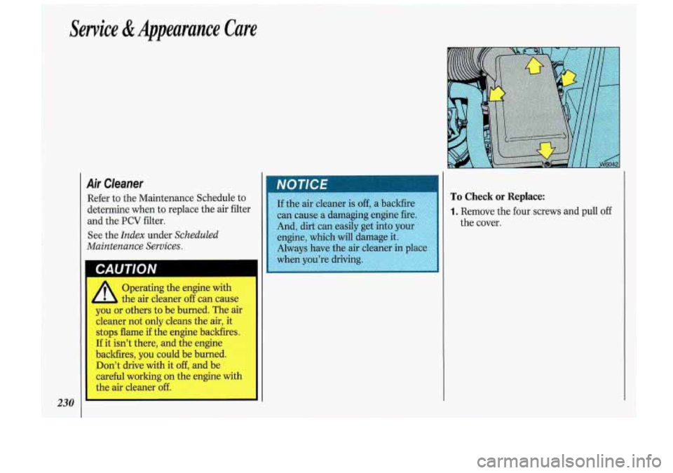 Oldsmobile Cutlass Supreme 1993 Owners Manuals Service & Appearance Care
Air Cleaner
Refer to the Maintenance Schedule to
determine when to replace the air filter
and the
PCV filter.
See the
Index under Scheduled
Maintenance Servic Oldsmobile Cutlass Supreme 1993 Owners Manuals Service & Appearance Care
Air Cleaner
Refer to the Maintenance Schedule to
determine when to replace the air filter
and the
PCV filter.
See the
Index under Scheduled
Maintenance Servic