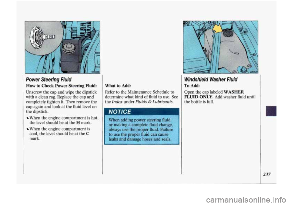 Oldsmobile Cutlass Supreme 1993  Owners Manuals Power  Steering  Fluid 
How to Check  Power  Steering  Fluid: 
Unscrew the cap  and  wipe  the dipstick 
with a  clean  rag.  Replace  the cap  and 
completely  tighten it. Then  remove  the 
cap  aga