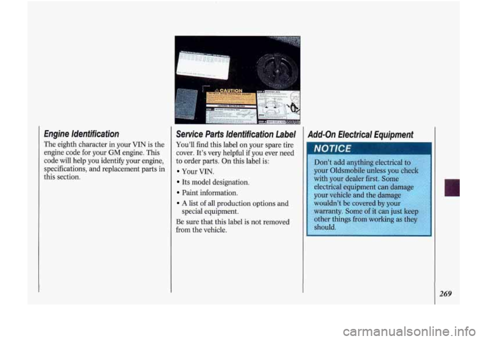 Oldsmobile Cutlass Supreme 1993  Owners Manuals Engine  Identification 
The eighth character in your  VIN  is  the 
engine code for  your 
GM engine. This 
code 
will help  you  identify  your engine, 
specifications,  and replacement  parts  in 
t
