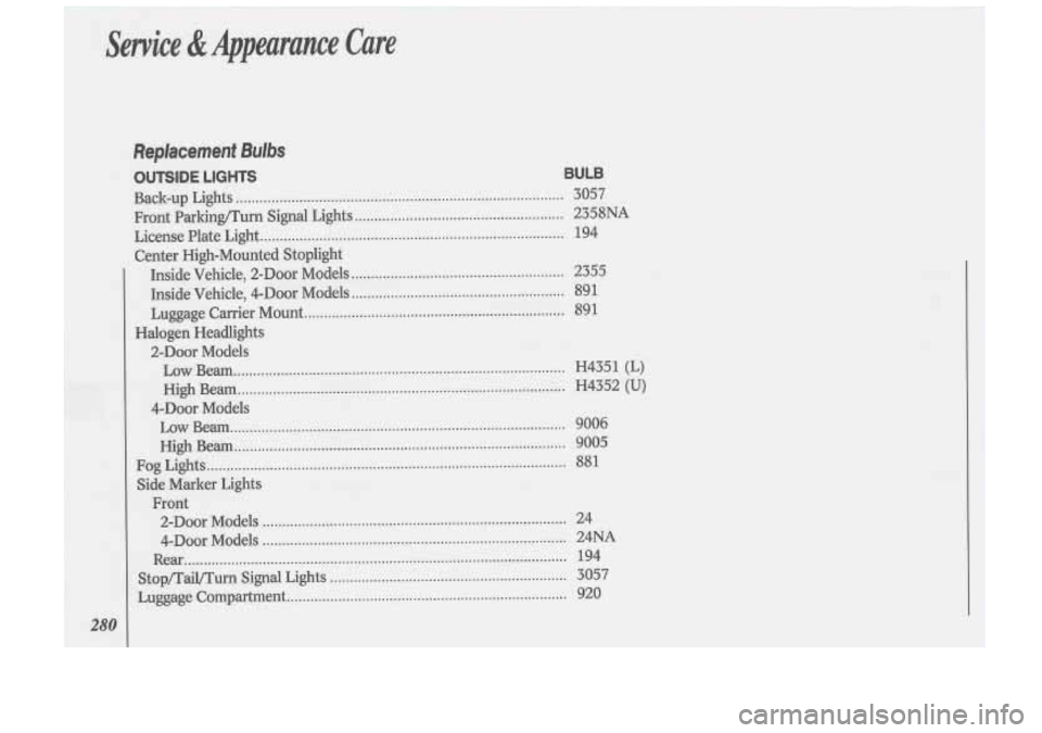 Oldsmobile Cutlass Supreme 1993  s User Guide Replacemenf Bulbs 
QUTNDE .LIGHTS BULB 
3057 
2358NA 194 
2355  891 
891 
H4351 (L) 
H4352 (U) 
9006 
9005 
881 
24 
24NA  194 
3057 
920  