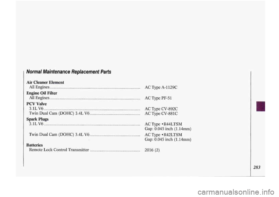 Oldsmobile Cutlass Supreme 1993  Owners Manuals Normal  Maintenance  Replacement Parts 
Air Cleaner  Element 
Engine 
Oil Filter 
PCV  Valve 
All  Engines ........................................................................\
............. 
All 