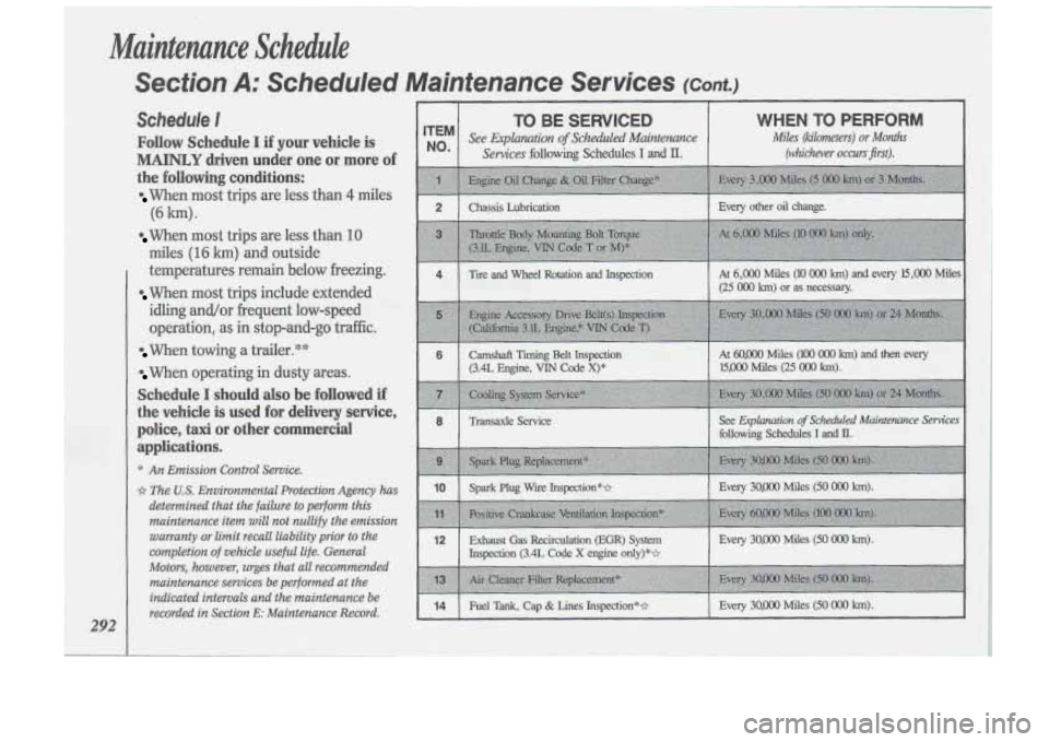 Oldsmobile Cutlass Supreme 1993  Owners Manuals Maintenance  Schedule 
Section A: Scheduled  Maintenance  Services (cant.) 
292 
Schedule I 
Follow Schedule I if  your  vehicle is 
MAINLY driven  under one or  more  of 
the  following  conditions: 