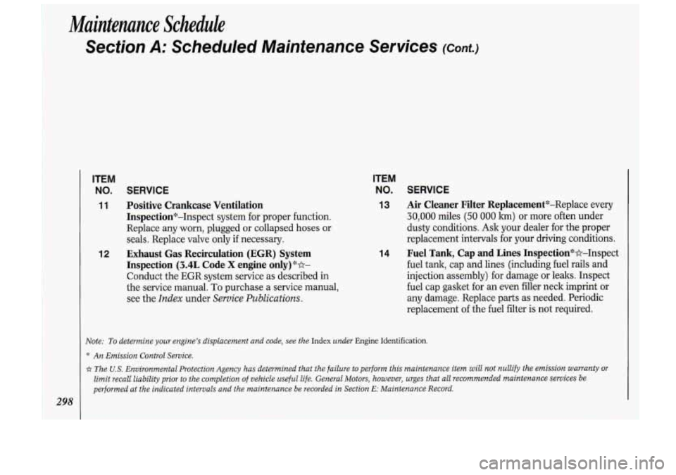 Oldsmobile Cutlass Supreme 1993  Owners Manuals Maintenance  Schedule 
Section A: Scheduled  Maintenance  Services (Cant.) 
ITEM 
NO. 
11 
12 
SERVICE 
Positive  Crankcase  Ventilation Inspection*-Inspect  system  for  proper  function. 
Replace 
a