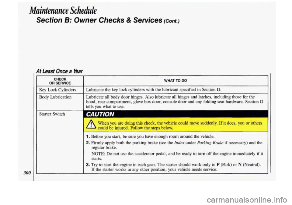 Oldsmobile Cutlass Supreme 1993  Owners Manuals Maintenance Schedule 
Section 8: Owner  Checks & Services (cant.) 
300 
At Least Once a Year 
CHECK 
OR SERVICE WHAT TO DO 
~ ~_~__ 
Key Lock  Cylinders  Lubricate the  key lock  cylinders  with  the 