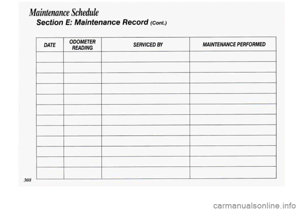 Oldsmobile Cutlass Supreme 1993  Owners Manuals DATE ODOMETER 
READING  SERVICED BY MAINTENANCE  PERFORMED 
308  