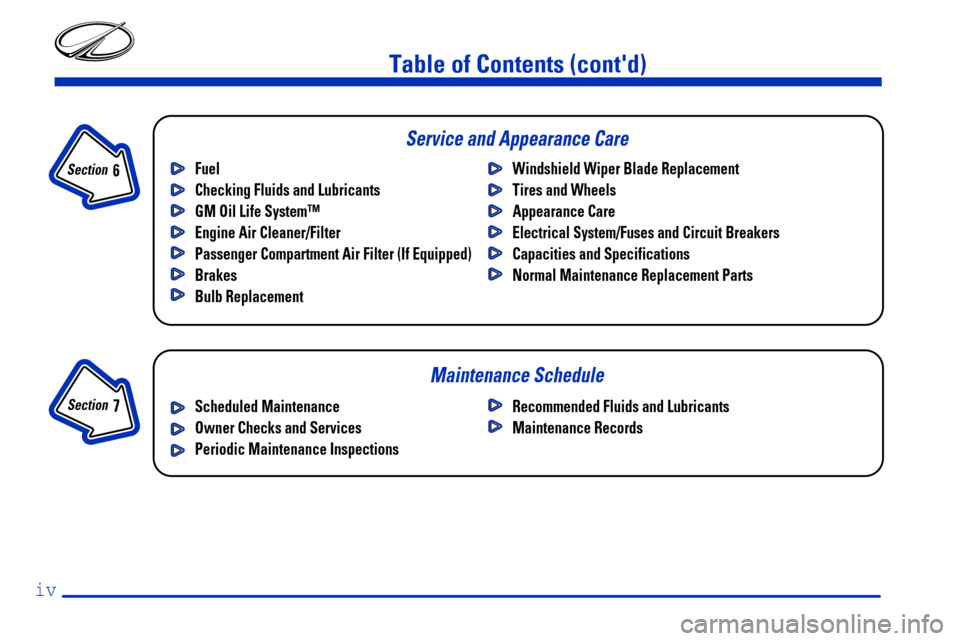 Oldsmobile Intrigue 2000  Owners Manuals Table of Contents (contd)
Maintenance Schedule Service and Appearance Care
Section 
 7
Section 
 6
Scheduled Maintenance
Owner Checks and Services
Periodic Maintenance InspectionsRecommended Fluids a