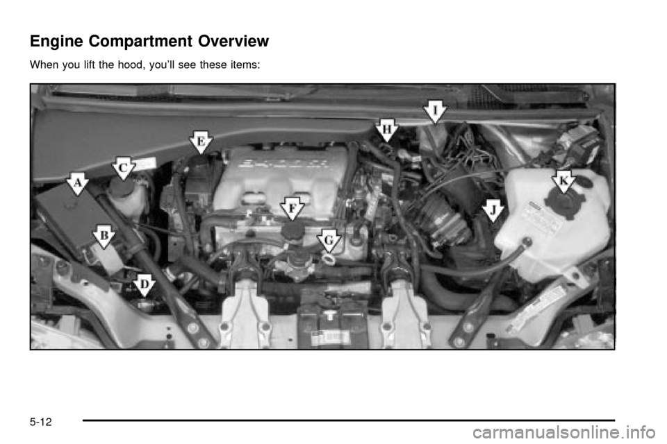 Oldsmobile Silhouette 2004  Owners Manuals Engine Compartment Overview
When you lift the hood, youll see these items:
5-12 