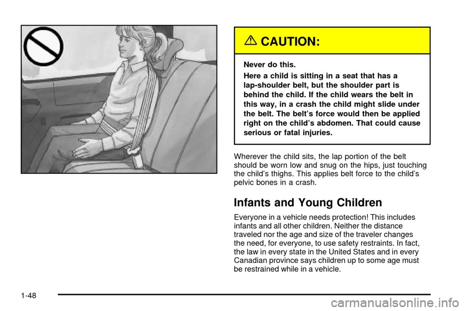 Oldsmobile Silhouette 2004  Owners Manuals {CAUTION:
Never do this.
Here a child is sitting in a seat that has a
lap-shoulder belt, but the shoulder part is
behind the child. If the child wears the belt in
this way, in a crash the child might 