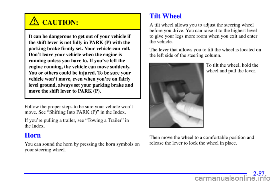 Oldsmobile Silhouette 2002  Owners Manuals 2-57
CAUTION:
It can be dangerous to get out of your vehicle if
the shift lever is not fully in PARK (P) with the
parking brake firmly set. Your vehicle can roll.
Dont leave your vehicle when the eng