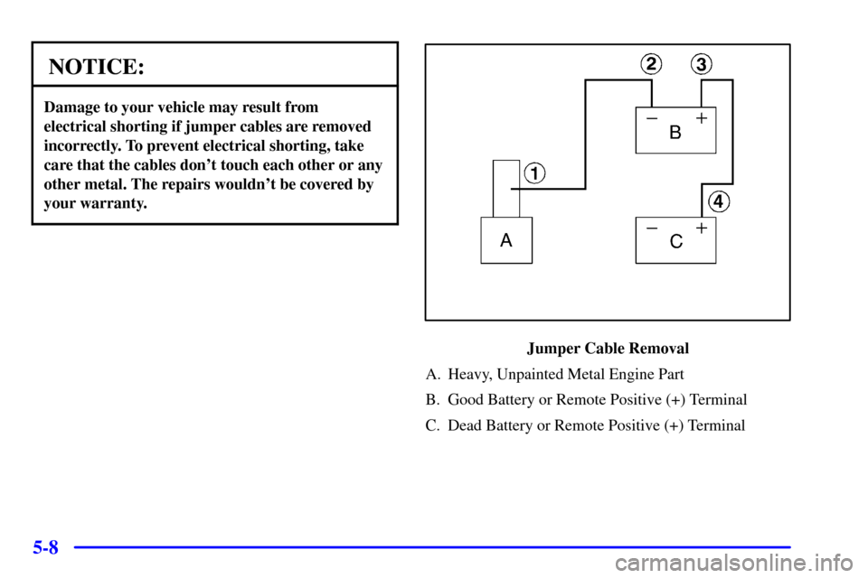 Oldsmobile Silhouette 2002  Owners Manuals 5-8
NOTICE:
Damage to your vehicle may result from
electrical shorting if jumper cables are removed
incorrectly. To prevent electrical shorting, take
care that the cables dont touch each other or any