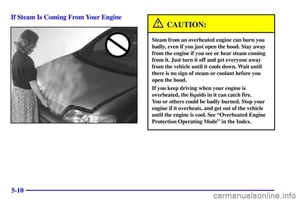 Oldsmobile Silhouette 2002  Owners Manuals 5-10 If Steam Is Coming From Your Engine
CAUTION:
Steam from an overheated engine can burn you
badly, even if you just open the hood. Stay away
from the engine if you see or hear steam coming
from it.