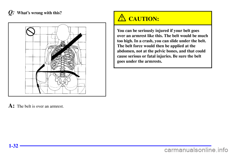 Oldsmobile Silhouette 2002  s Owners Guide 1-32
Q:Whats wrong with this?
A:The belt is over an armrest.
CAUTION:
You can be seriously injured if your belt goes
over an armrest like this. The belt would be much
too high. In a crash, you can sl