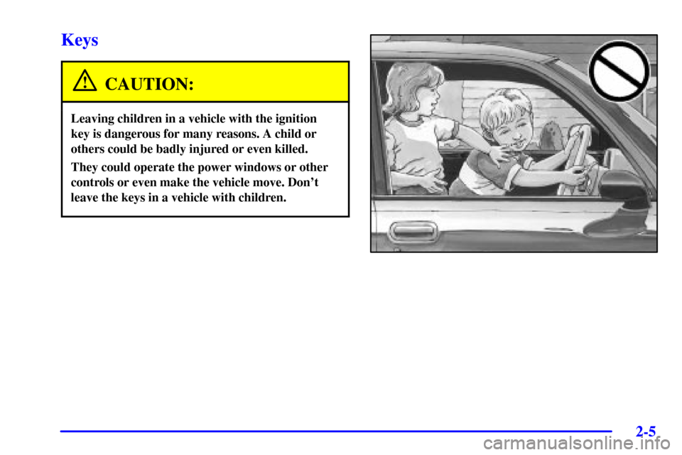 Oldsmobile Silhouette 2002  s Manual Online 2-5
Keys
CAUTION:
Leaving children in a vehicle with the ignition
key is dangerous for many reasons. A child or
others could be badly injured or even killed.
They could operate the power windows or ot
