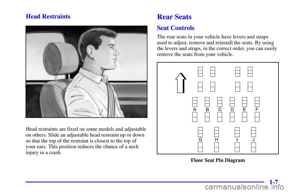 Oldsmobile Silhouette 2001  s User Guide 1-7 Head Restraints
Head restraints are fixed on some models and adjustable
on others. Slide an adjustable head restraint up or down
so that the top of the restraint is closest to the top of
your ears