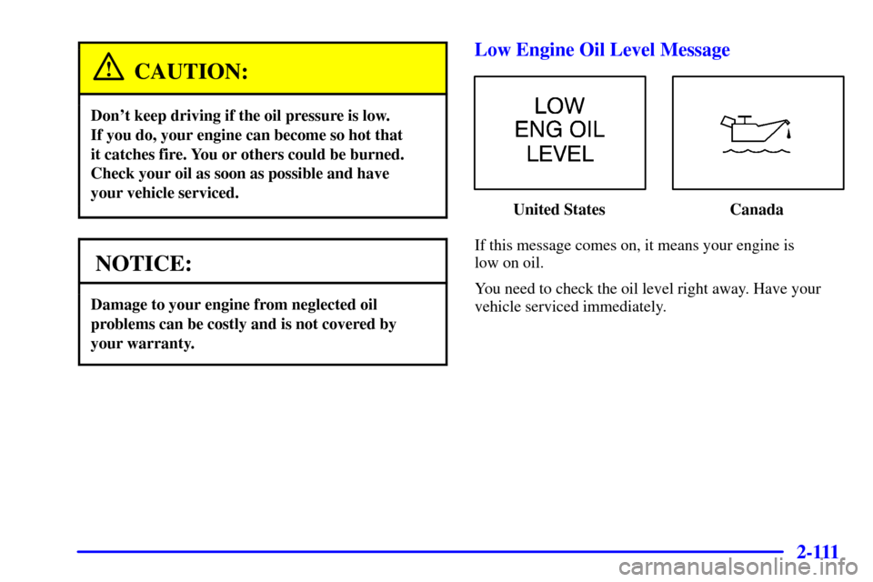 Oldsmobile Silhouette 2001  Owners Manuals 2-111
CAUTION:
Dont keep driving if the oil pressure is low. 
If you do, your engine can become so hot that 
it catches fire. You or others could be burned.
Check your oil as soon as possible and hav