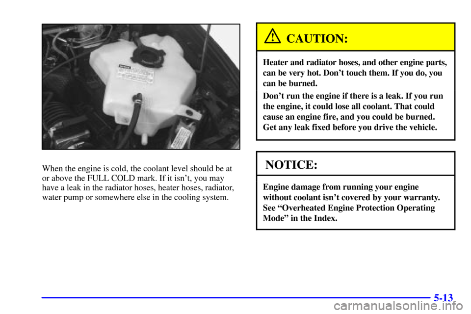 Oldsmobile Silhouette 2001  Owners Manuals 5-13
When the engine is cold, the coolant level should be at
or above the FULL COLD mark. If it isnt, you may
have a leak in the radiator hoses, heater hoses, radiator,
water pump or somewhere else i