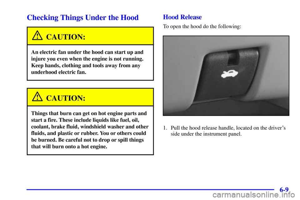 Oldsmobile Silhouette 2001  Owners Manuals 6-9
Checking Things Under the Hood
CAUTION:
An electric fan under the hood can start up and
injure you even when the engine is not running.
Keep hands, clothing and tools away from any
underhood elect