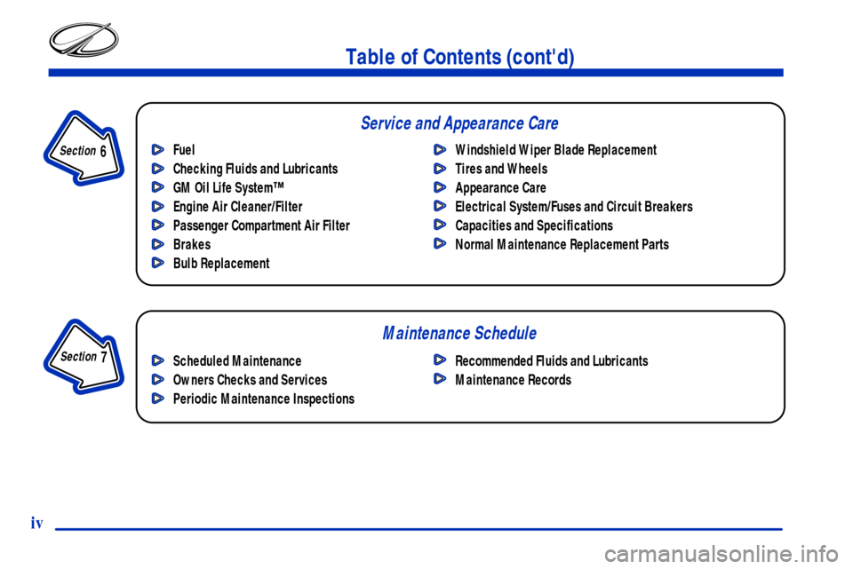 Oldsmobile Silhouette 2001  Owners Manuals Table of Contents (contd)
Maintenance Schedule Service and Appearance Care
Section 
 7
Section 
 6
Scheduled Maintenance
Owners Checks and Services
Periodic Maintenance InspectionsRecommended Fluids 