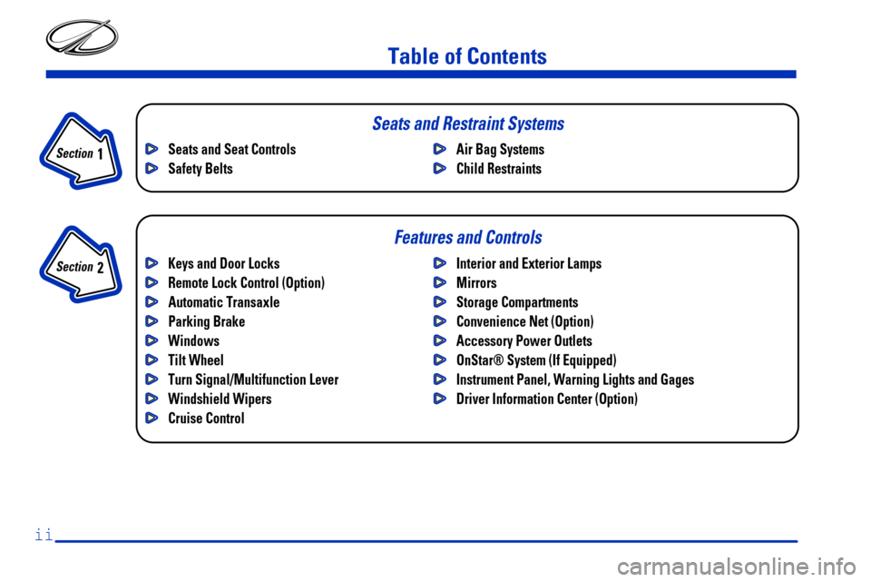 Oldsmobile Silhouette 2000  Owners Manuals Table of Contents
Keys and Door Locks
Remote Lock Control (Option) 
Automatic Transaxle
Parking Brake
Windows
Tilt Wheel
Turn Signal/Multifunction Lever
Windshield Wipers
Cruise ControlInterior and Ex