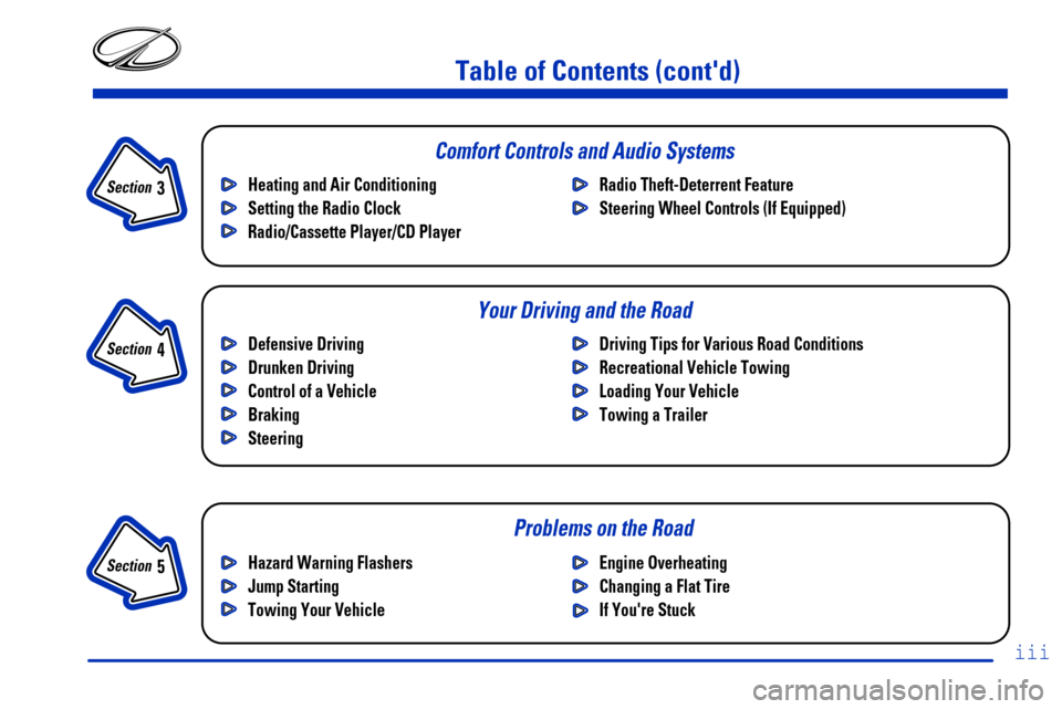 Oldsmobile Silhouette 2000  Owners Manuals Table of Contents (contd)
Defensive Driving
Drunken Driving
Control of a Vehicle 
Braking
SteeringDriving Tips for Various Road Conditions
Recreational Vehicle Towing
Loading Your Vehicle
Towing a Tr