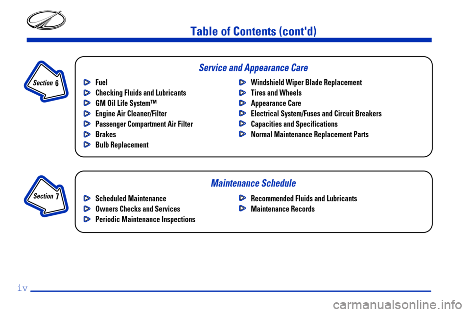 Oldsmobile Silhouette 2000  Owners Manuals Table of Contents (contd)
Maintenance Schedule Service and Appearance Care
Section 
 7
Section 
 6
Scheduled Maintenance
Owners Checks and Services
Periodic Maintenance InspectionsRecommended Fluids 